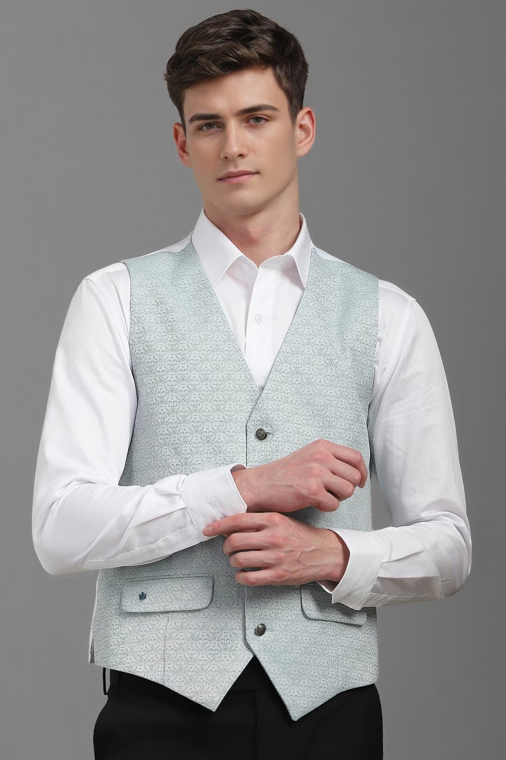 Men Light Blue Slim Fit Print Formal Waistcoat-Light Blue