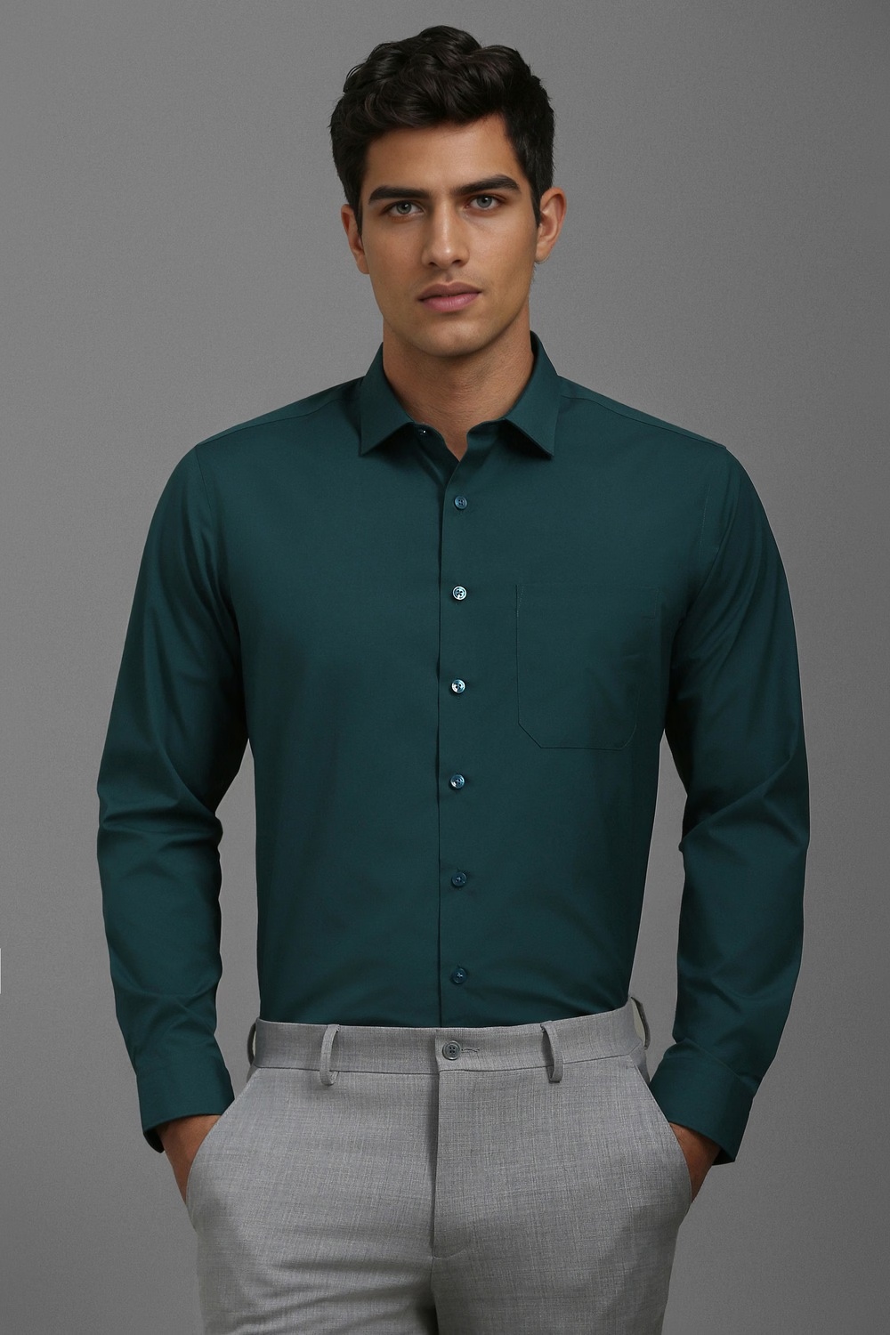 Men Green Slim Fit Solid Full Sleeves Formal Shirt-Green