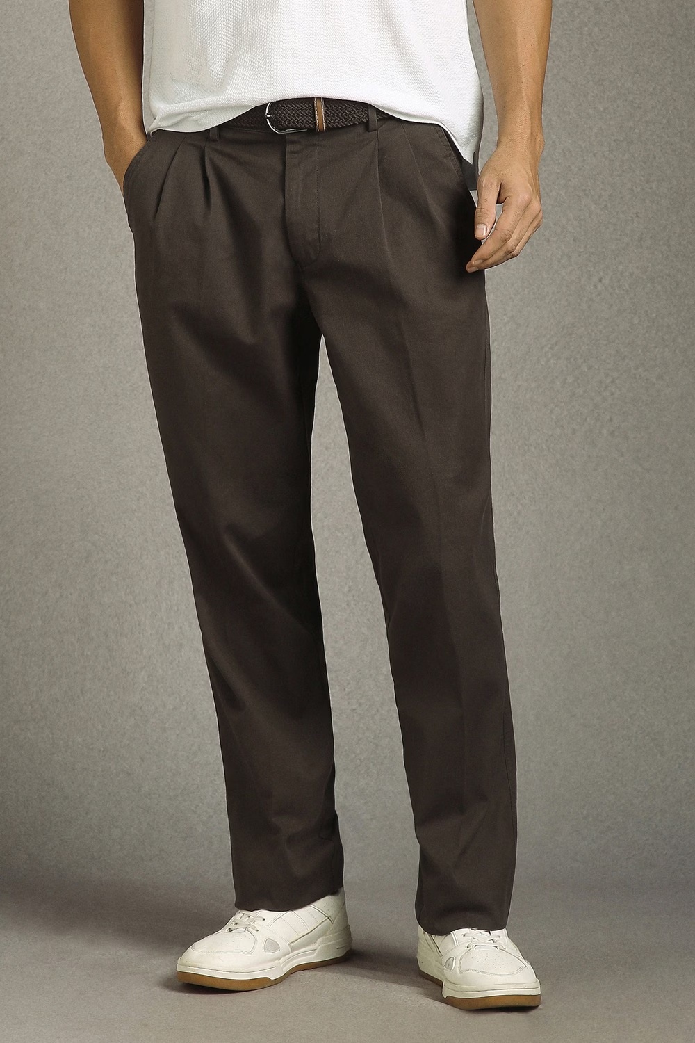 Men Brown Textured Pleated Formal Trousers-Brown