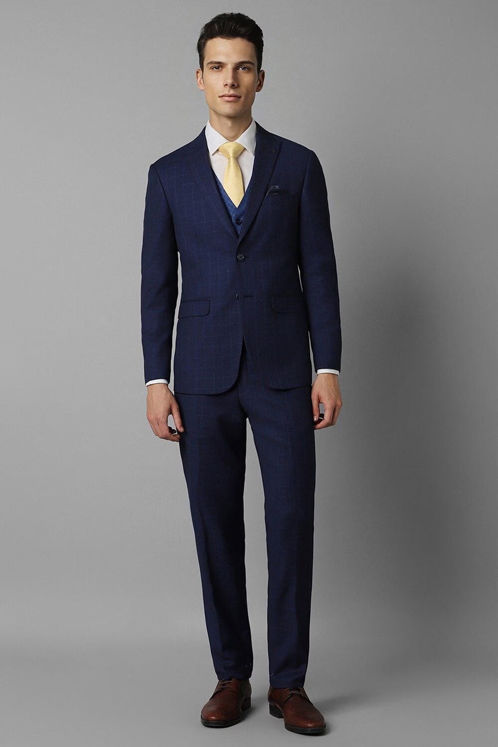 Men Navy Slim Fit Check Party Three Piece Suit-Navy