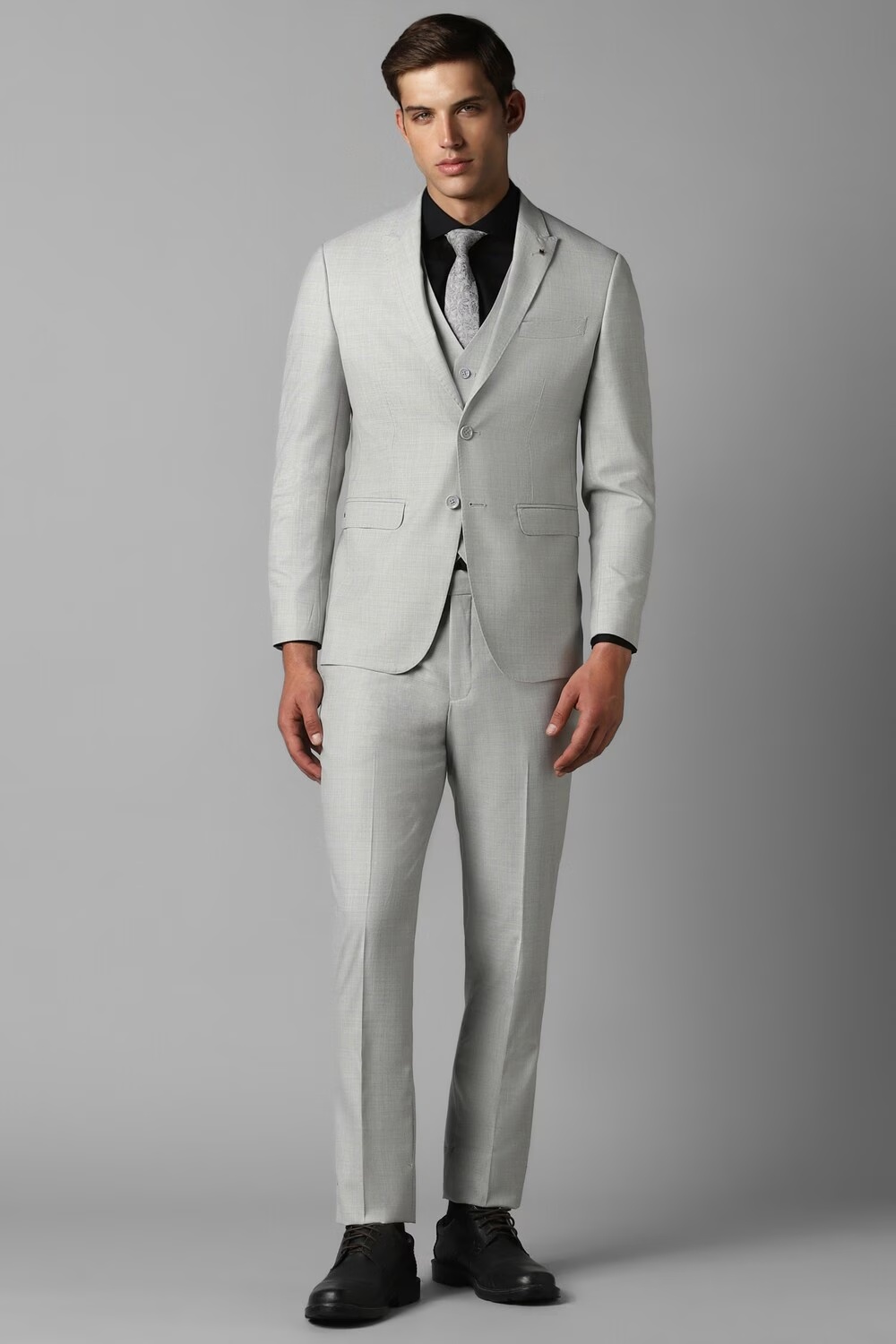 Men Grey Slim Fit Textured Formal Three Piece Suit-Grey