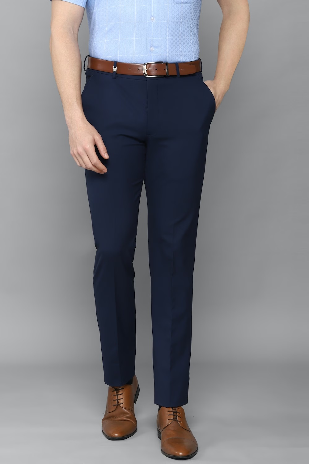 Men Navy Slim Fit Solid Flat Front Formal Trousers-Navy