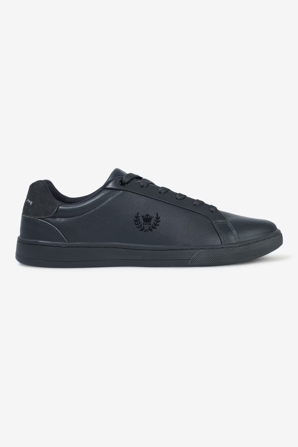 Men Black Leather Sneakers with Crest Embroidery-Black