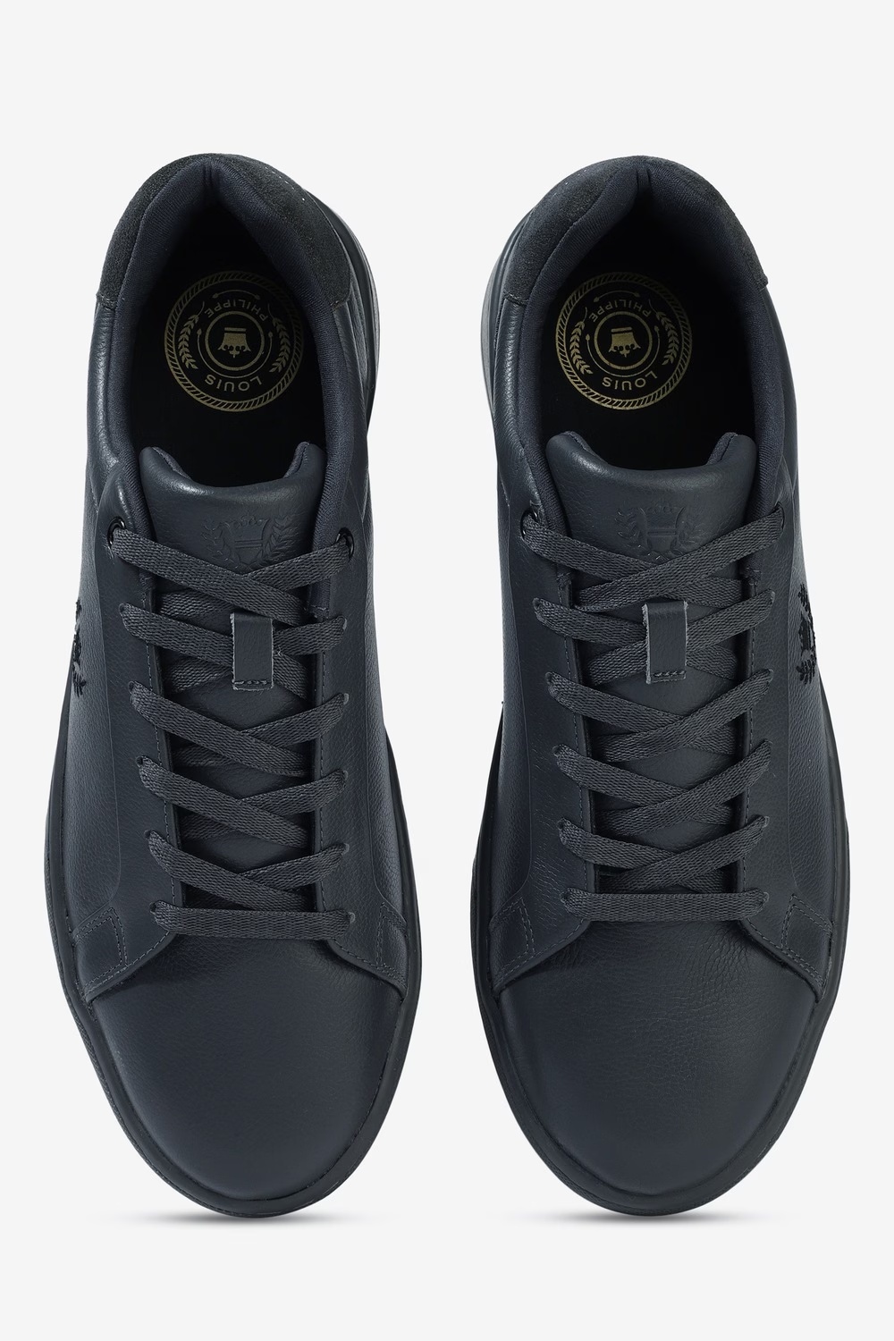Men Black Leather Sneakers with Crest Embroidery-Black