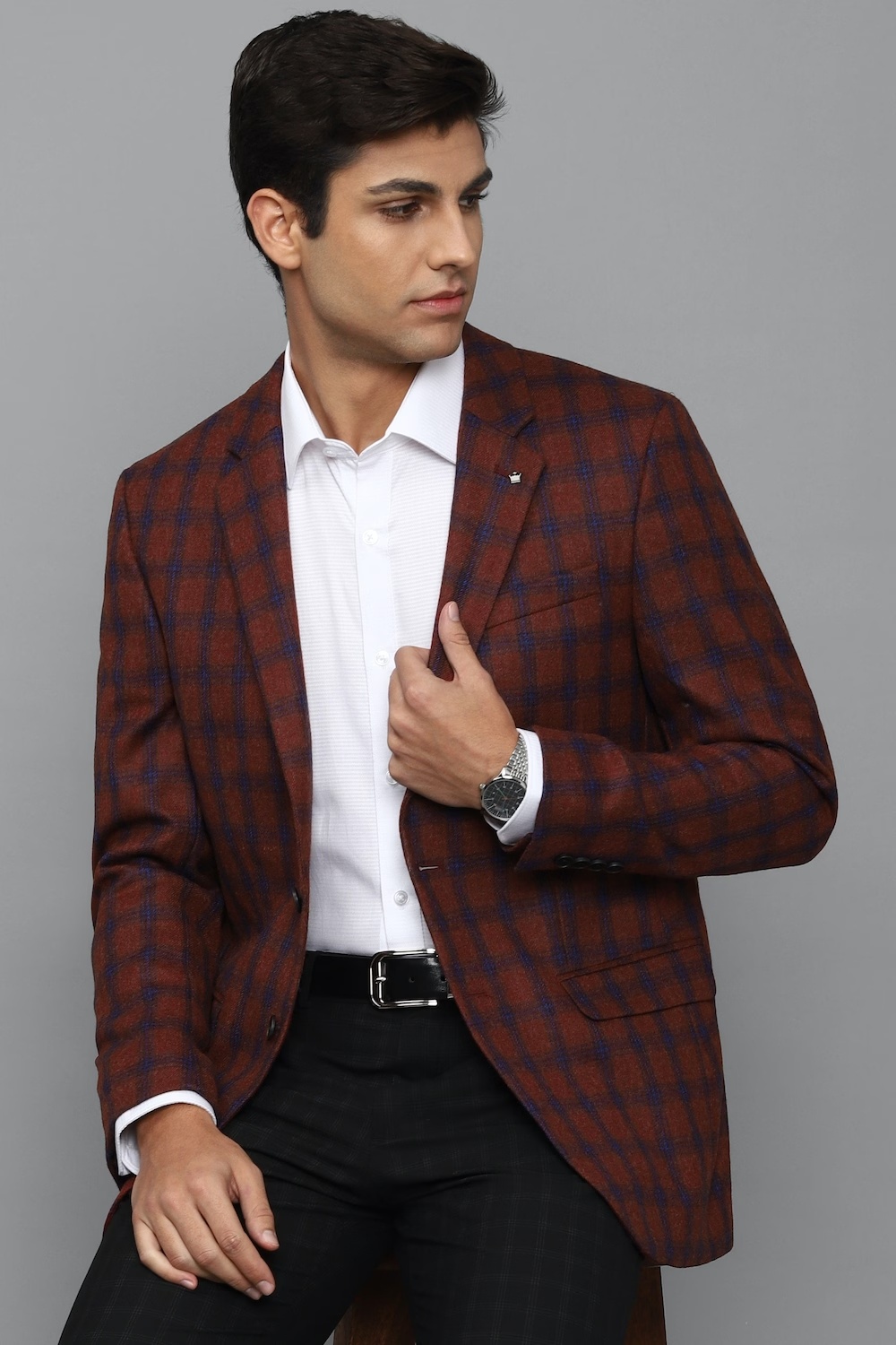 Men Maroon Regular Fit Check Formal Blazer-Maroon