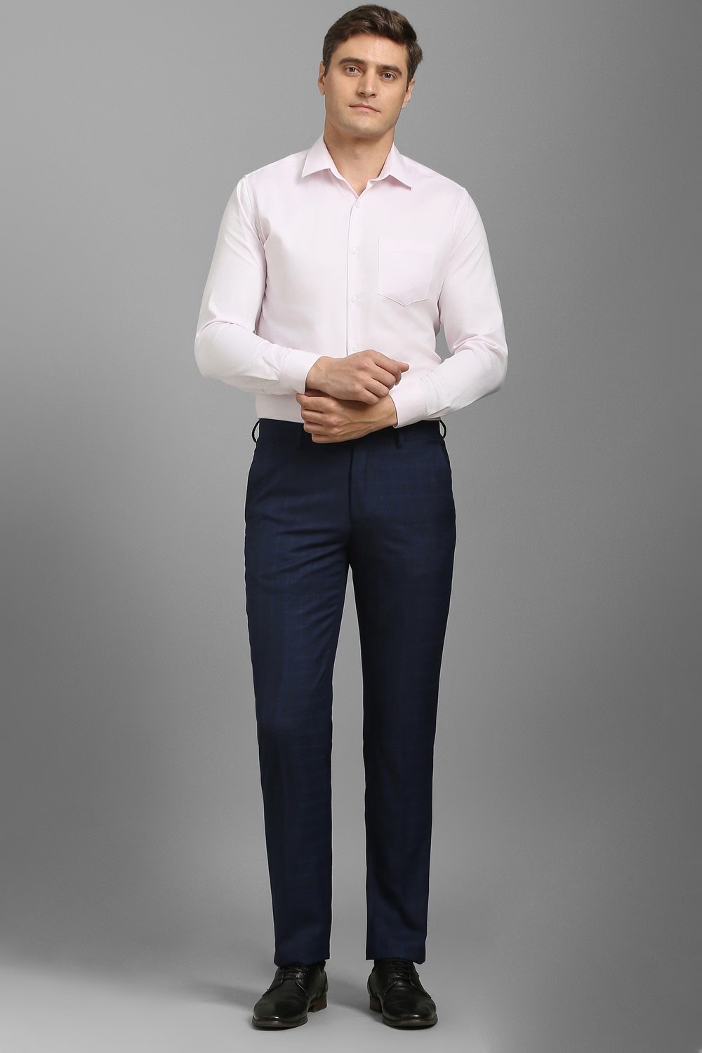 Men Navy Check Flat Front Formal Trousers-Navy