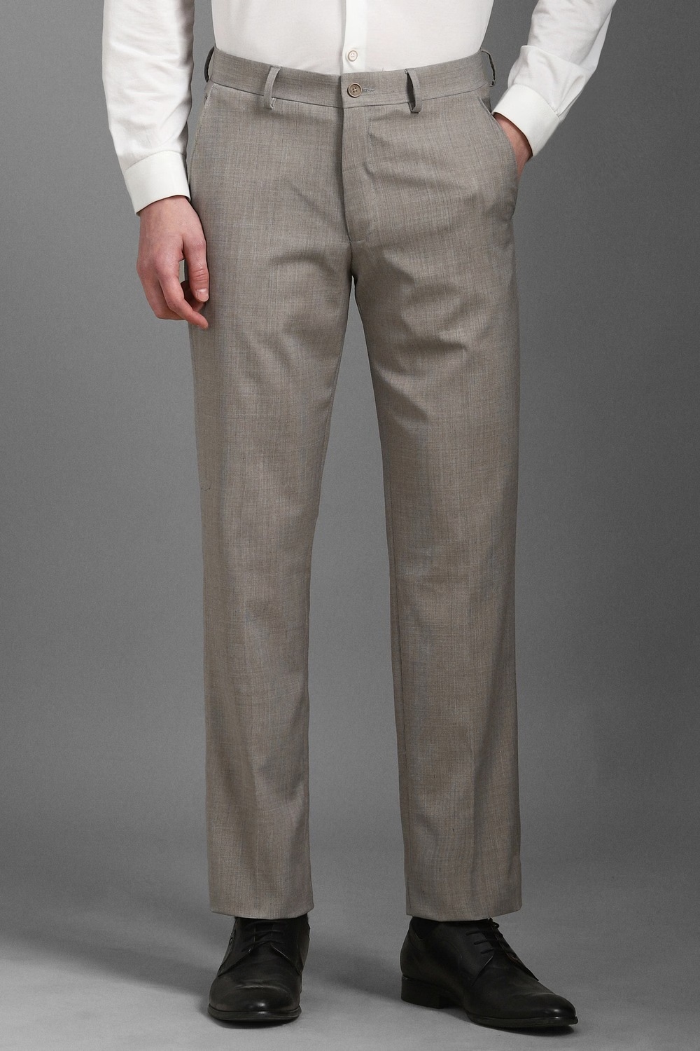 Men Grey Regular Fit Textured Flat Front Formal Trousers-Grey