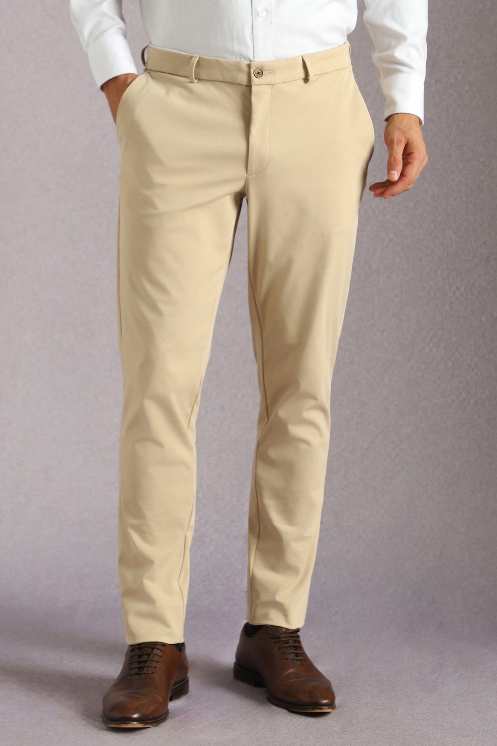 Men Beige Solid Flat Front Formal Trousers-Beige