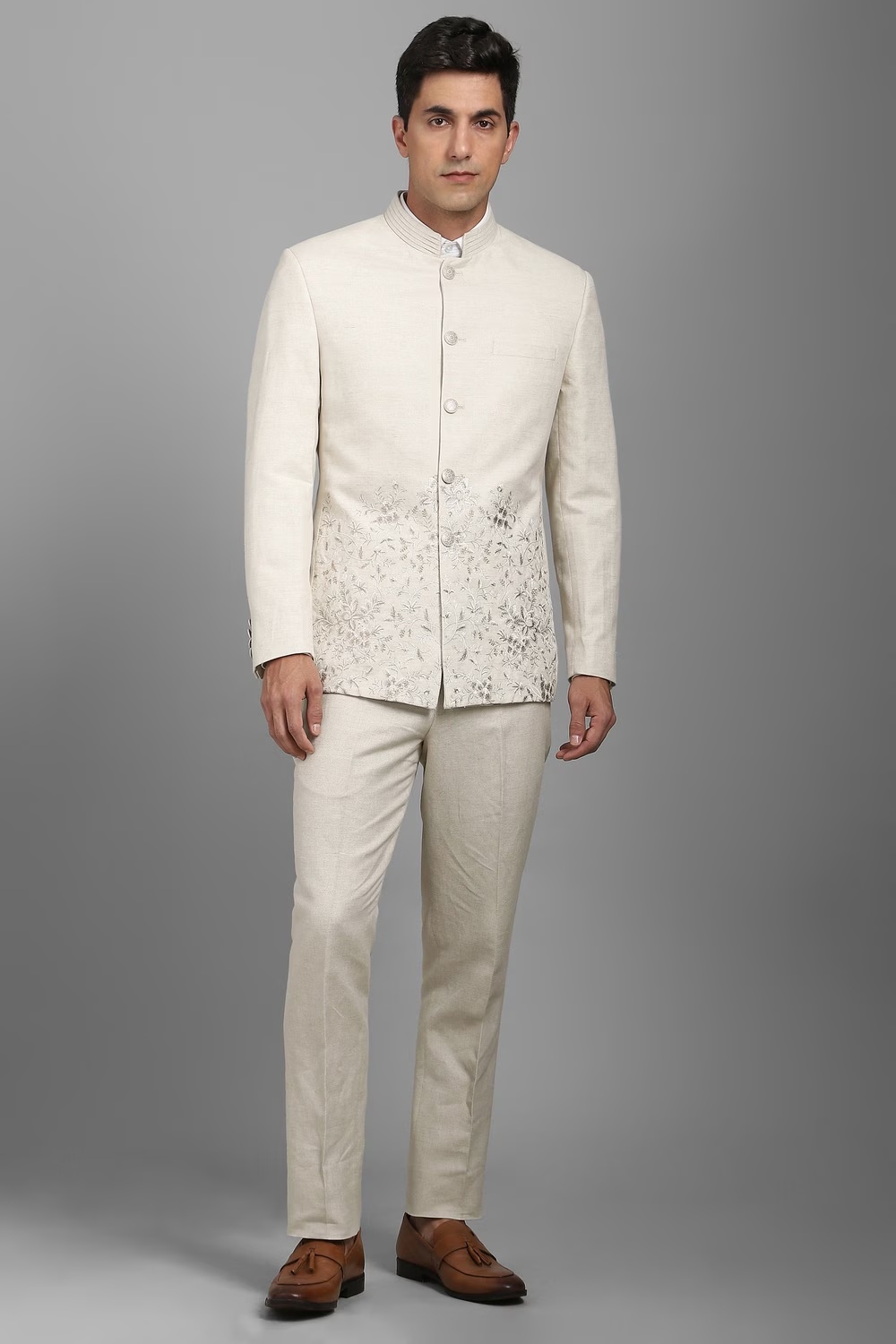 Men Beige Textured Formal Two Piece Suit-Beige