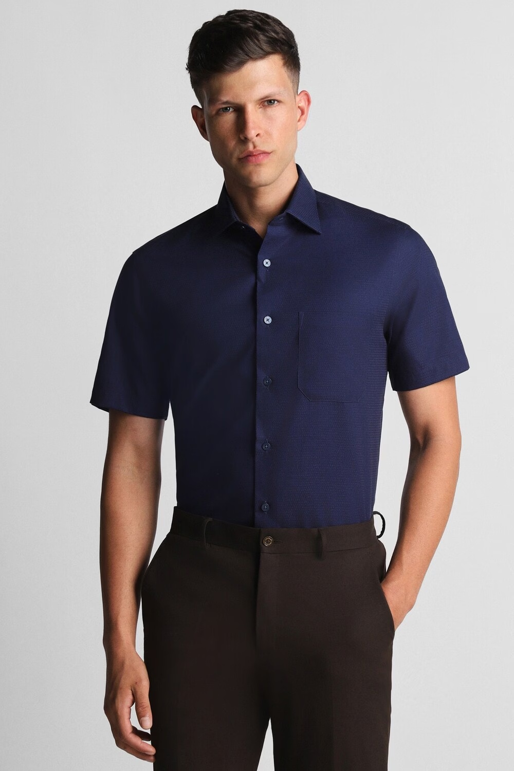 Men Navy Classic Fit Textured Half Sleeves Formal Shirt-Navy