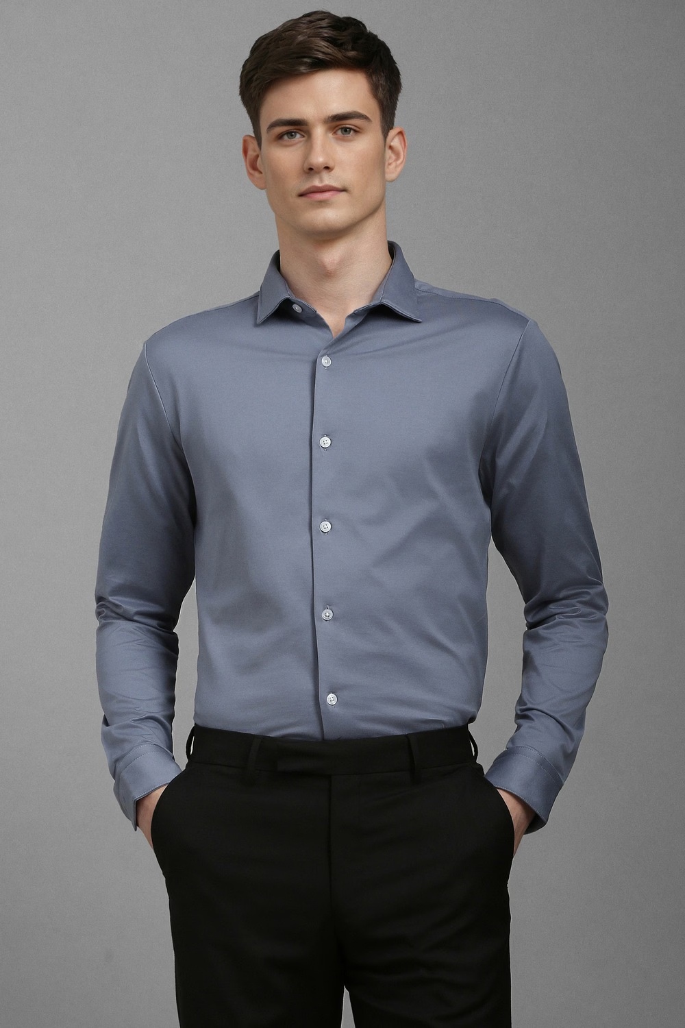 Men Grey Slim Fit Solid Full Sleeves Formal Shirt-Grey