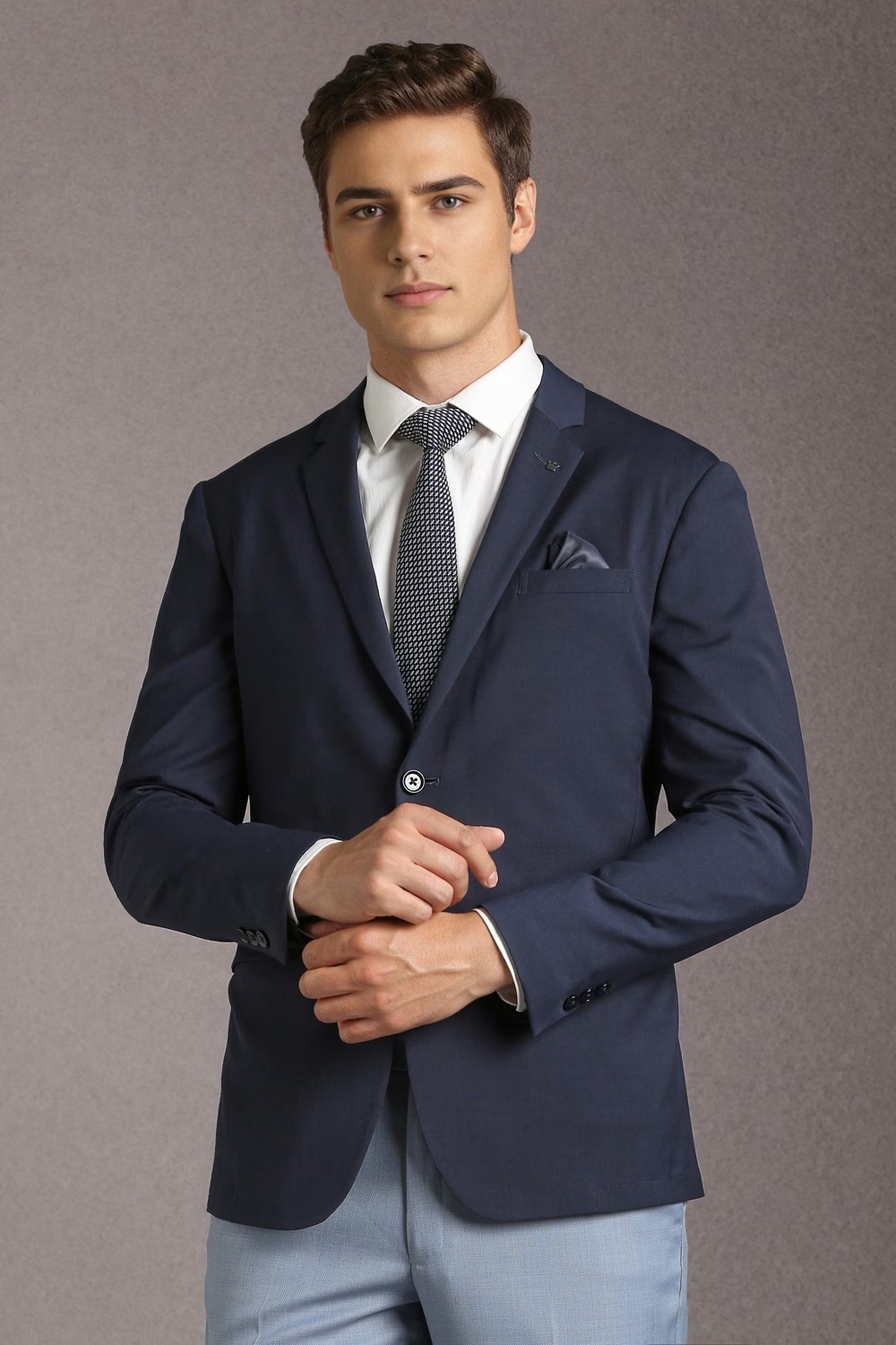 Men Navy Solid Formal Blazer-Navy