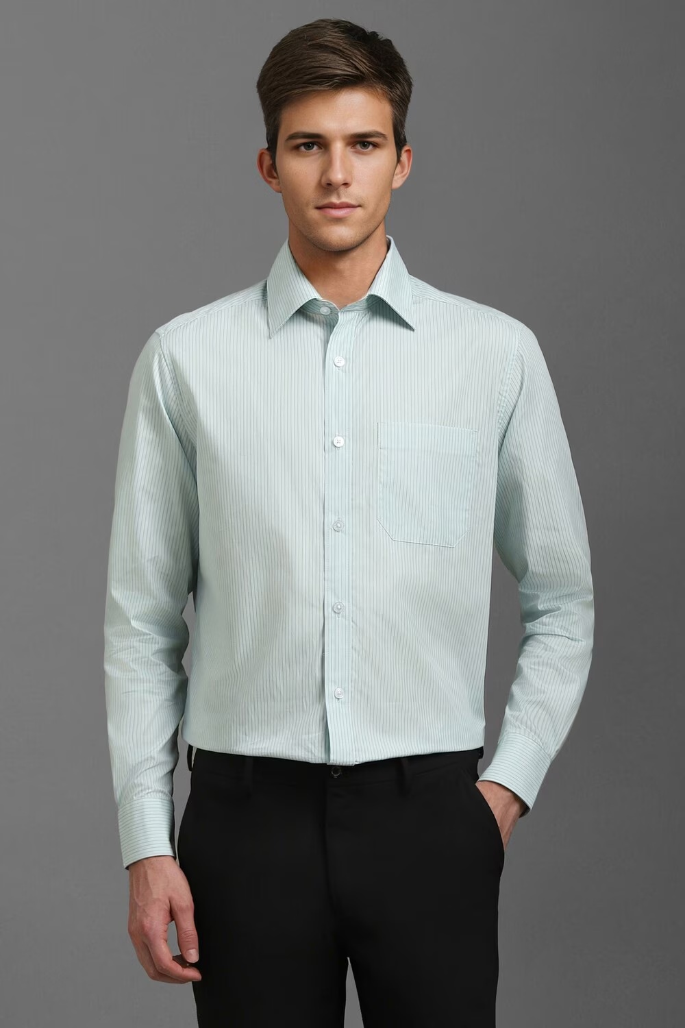 Men Green Classic Fit Stripe Full Sleeves Formal Shirt-Green