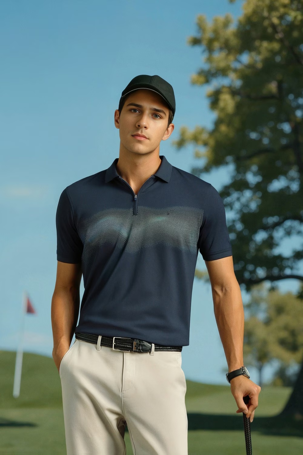 Men Navy Patterned Polo Neck T-shirt-Navy