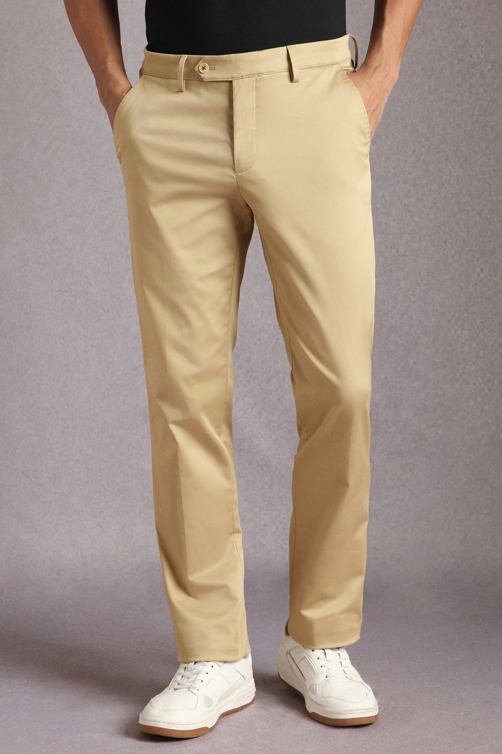 Men Beige Solid Flat Front Formal Trousers-Beige