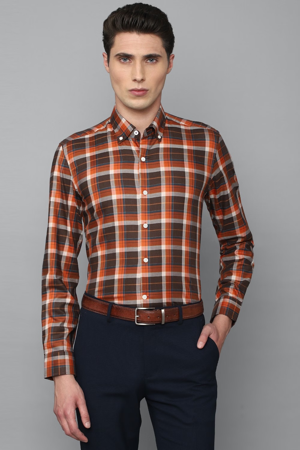 Men Orange Slim Fit Check Full Sleeves Formal Shirt-Orange