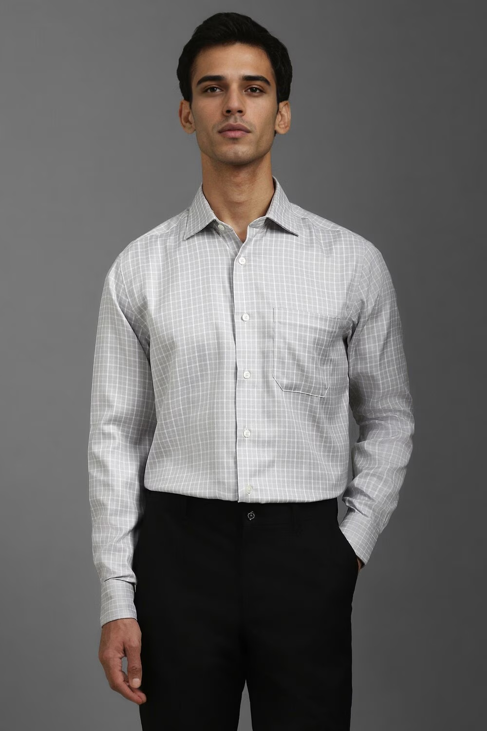 Men Grey Classic Fit Check Full Sleeves Formal Shirt-Grey