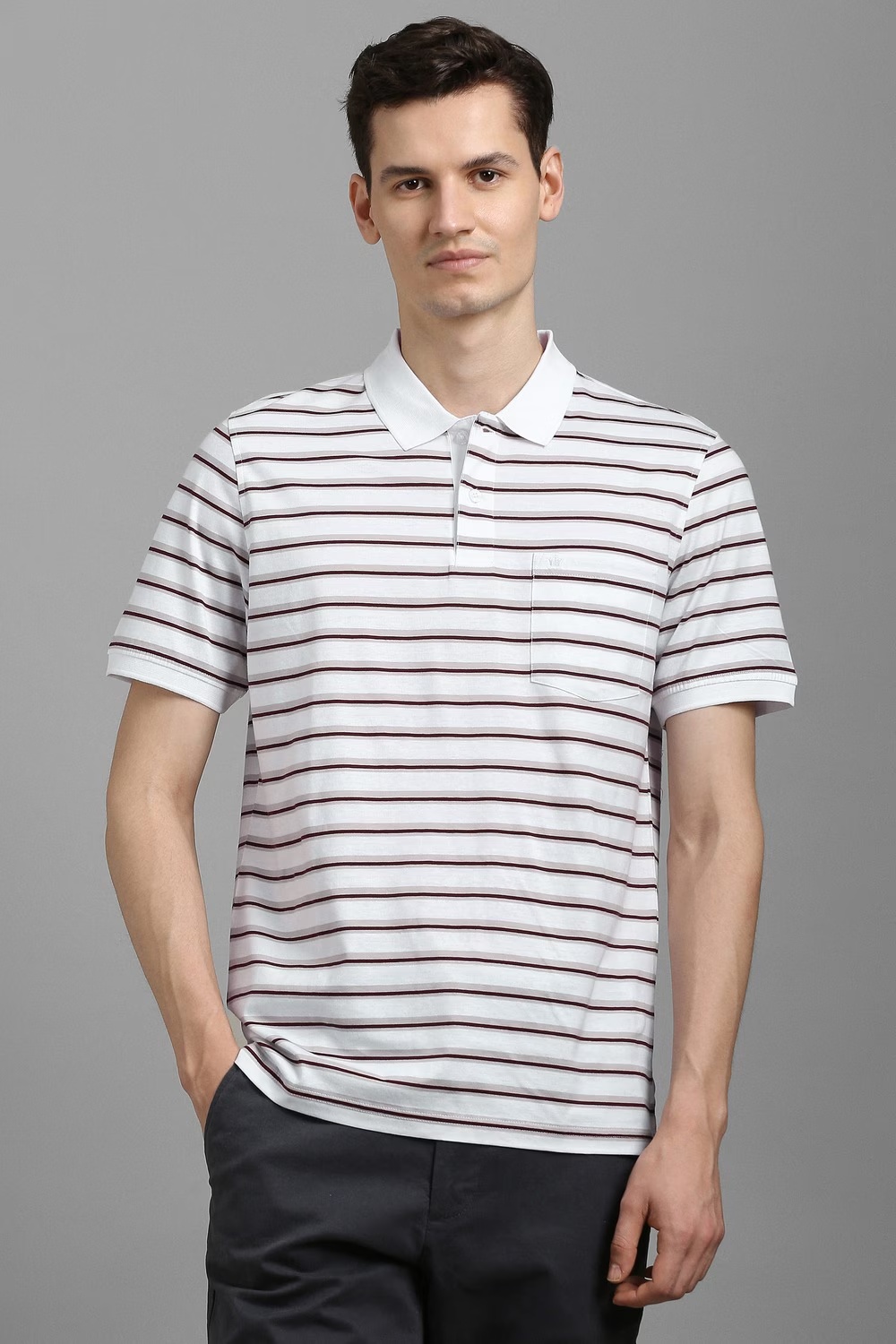 Men White Stripe Polo Neck T-shirt-White