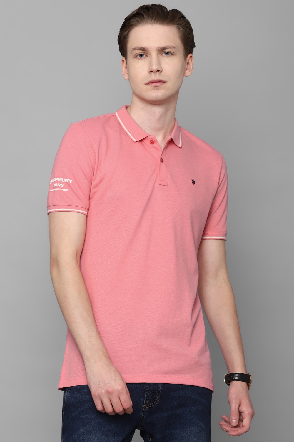 Men Peach Solid Polo Neck T-shirt-Peach
