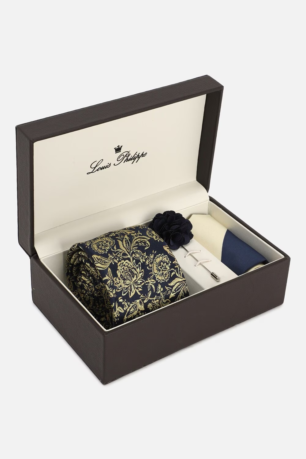 Men Black Print Tie Pocket Square And Lapel Pin-Black