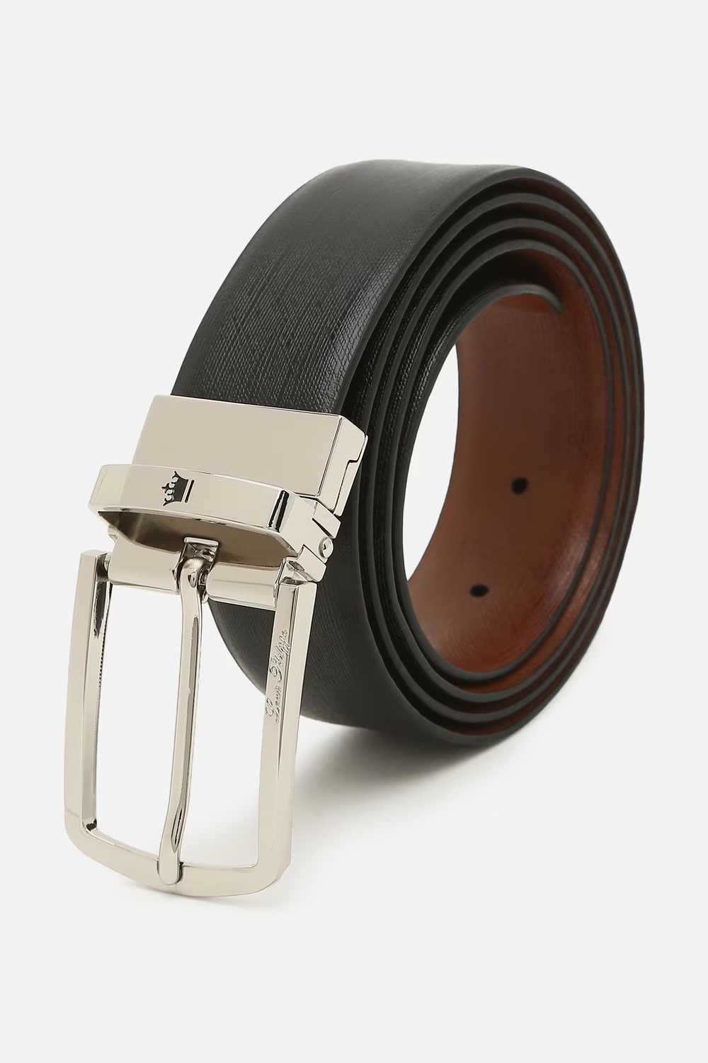 Men Black Textured Genuine Leather Formal Belt-Black