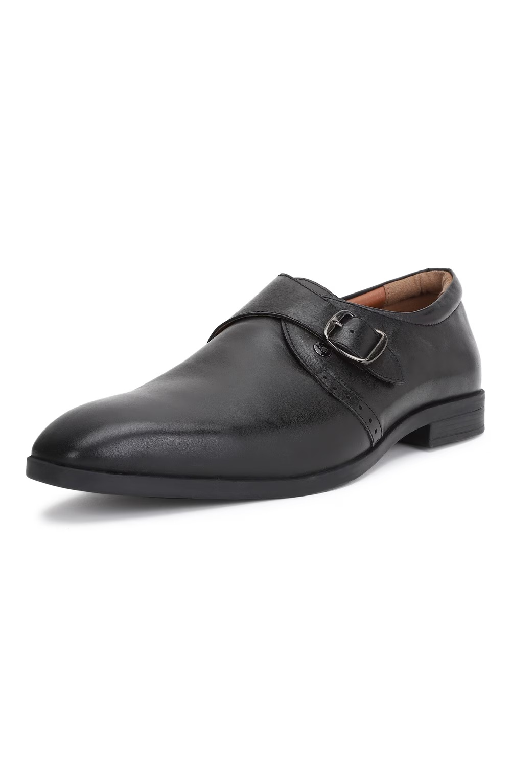 Men Brogue Monk Strap Leather Black Slip On Shoes-Black