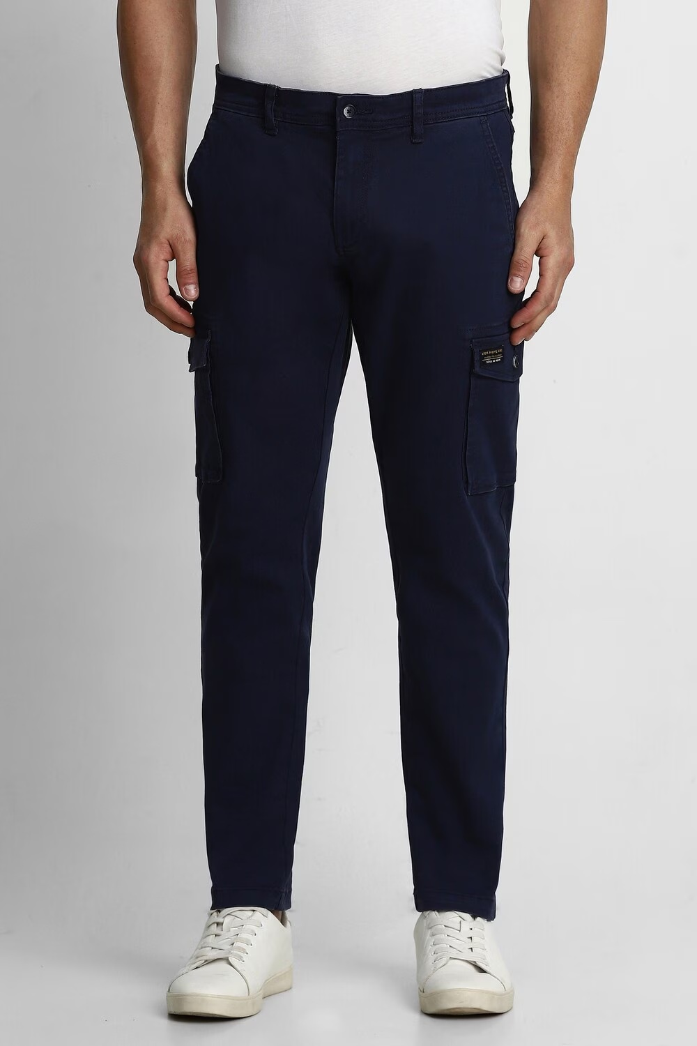 Men Navy Contemporary Fit Solid Flat Front Casual Cargos-Navy