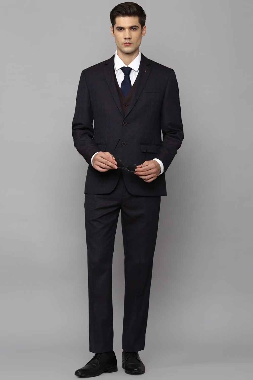 Men Navy Slim Fit Check Formal Three Piece Suit-Navy