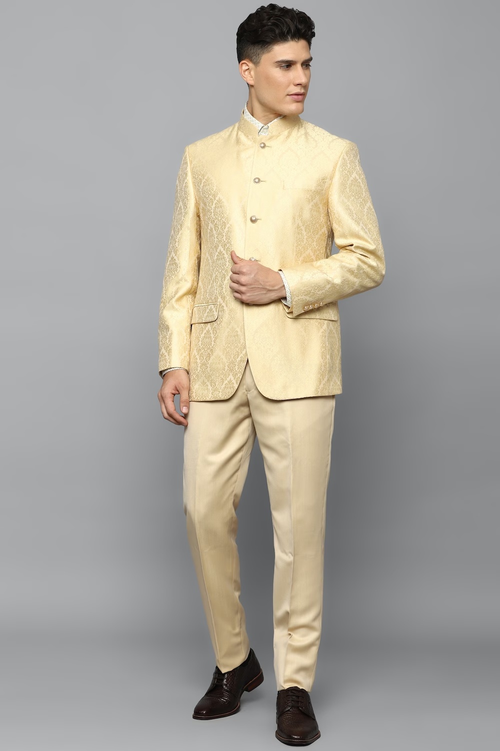 Men Beige Regular Fit Print Party Two Piece Suit-Beige