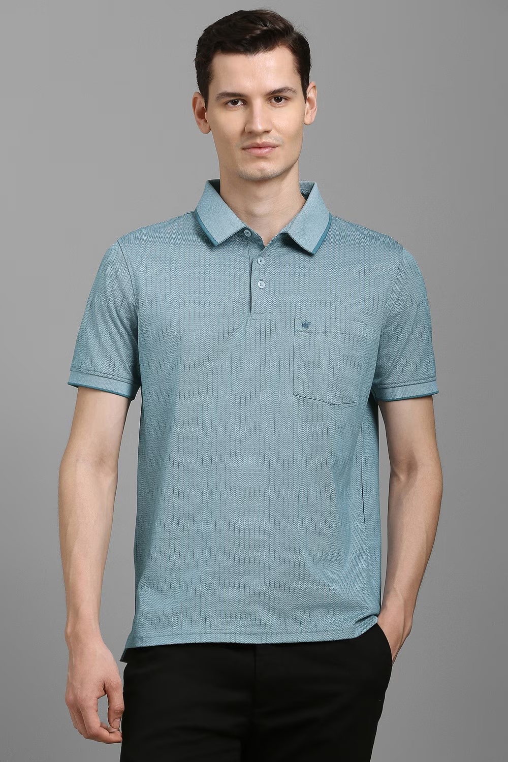 Men Blue Print Polo Neck T-shirt-Blue