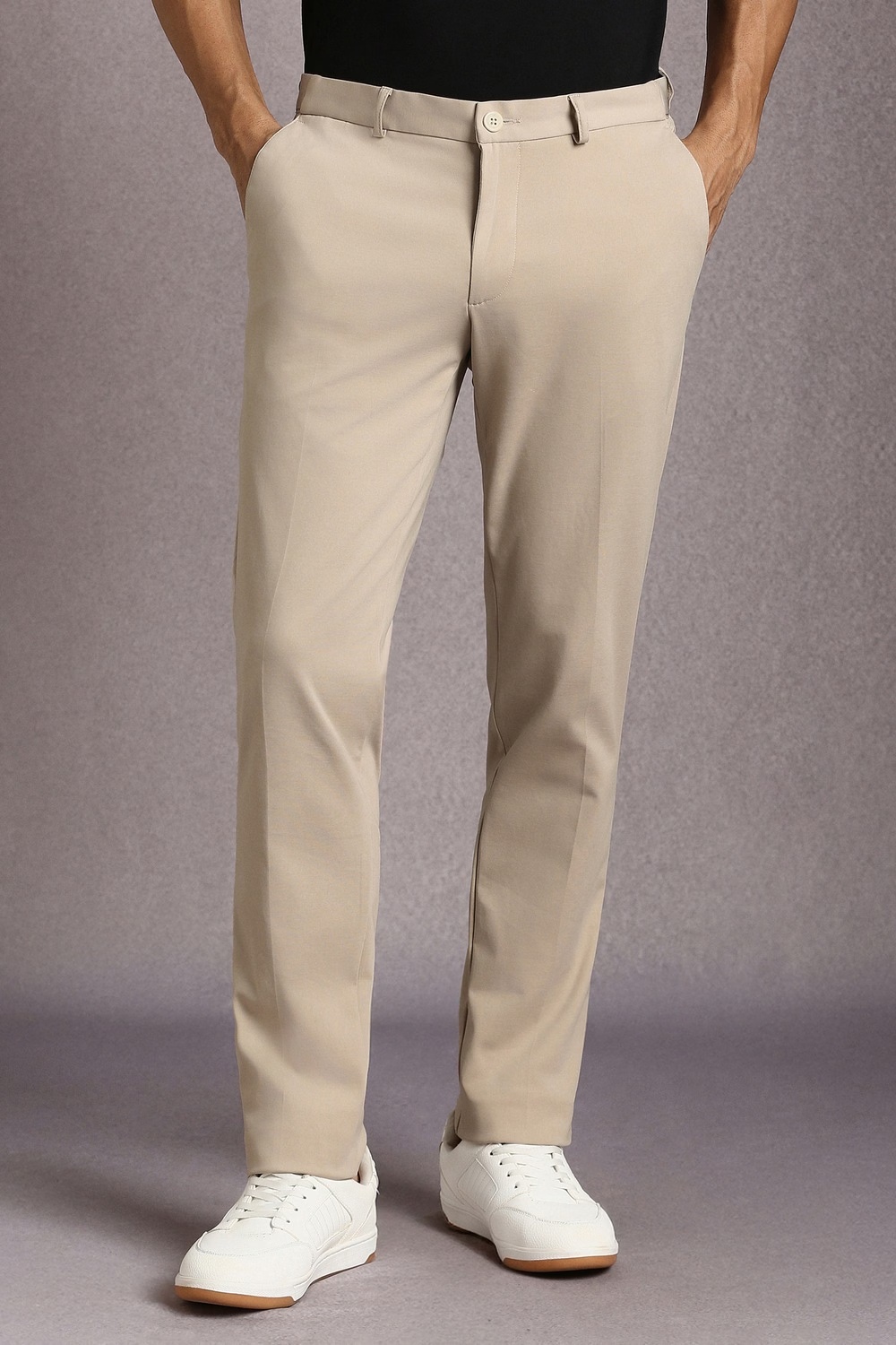 Men Beige Solid Flat Front Casual Trousers-Beige
