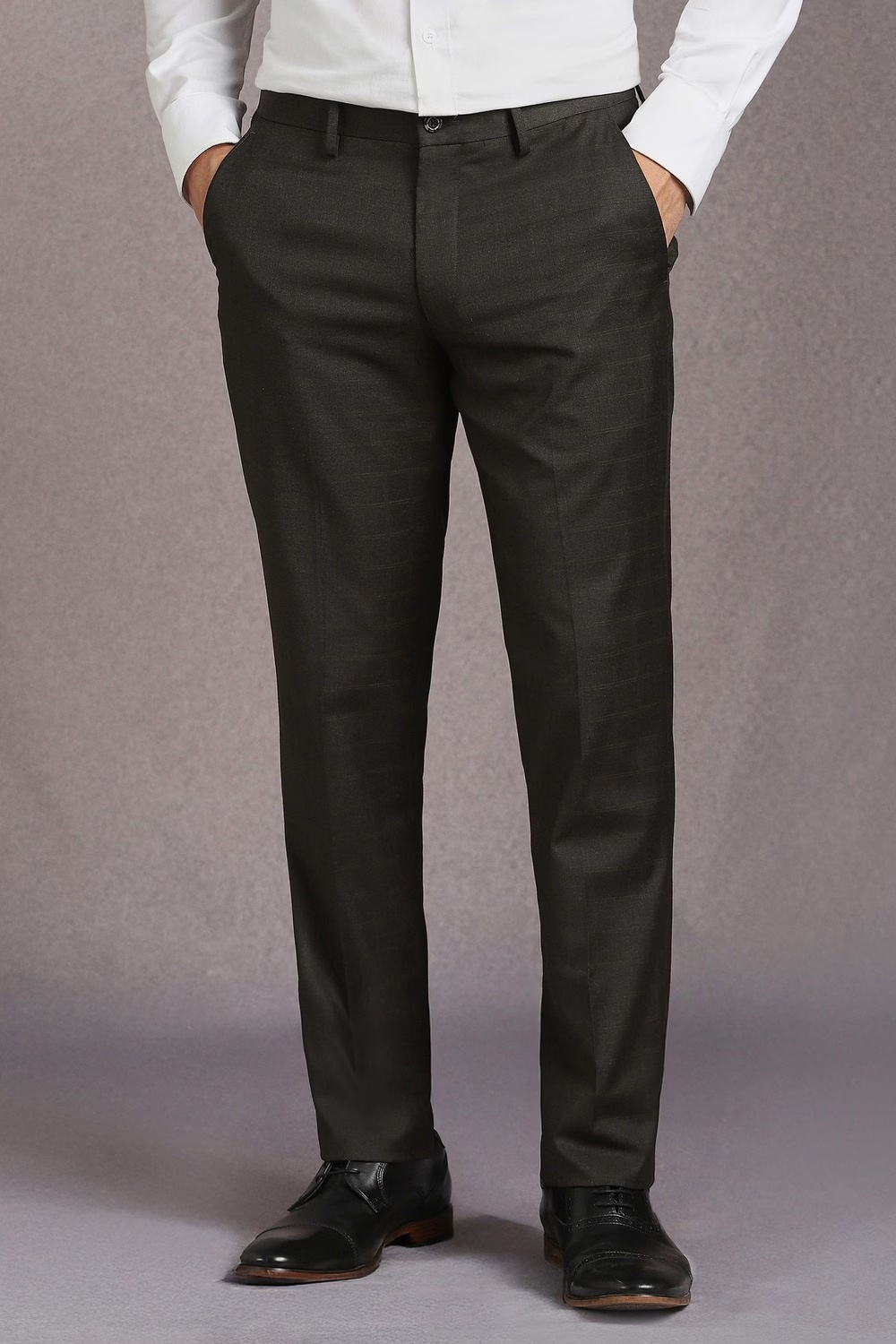 Men Charcoal Textured Flat Front Formal Trousers-Charcoal