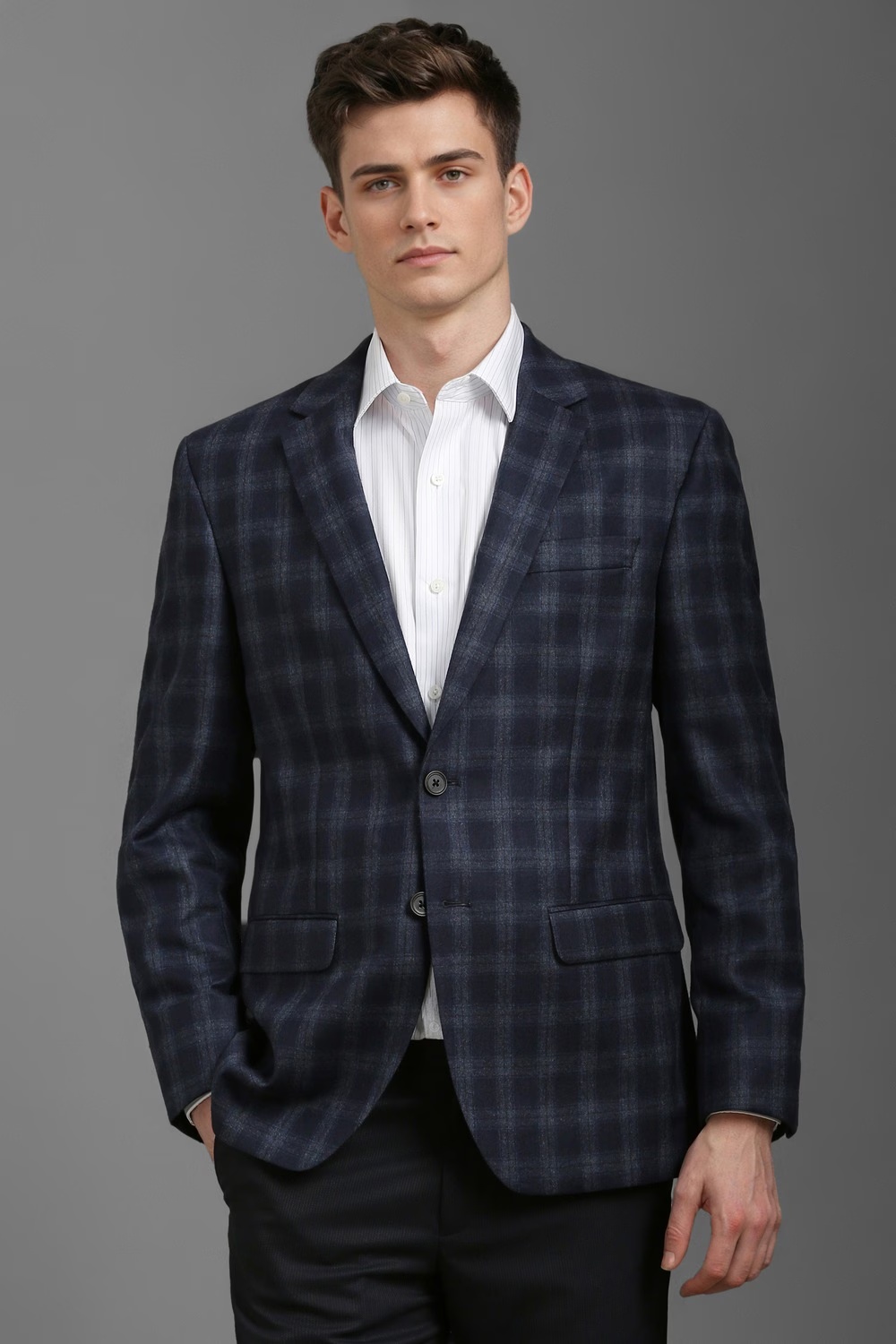 Men Navy Regular Fit Check Formal Blazer-Navy