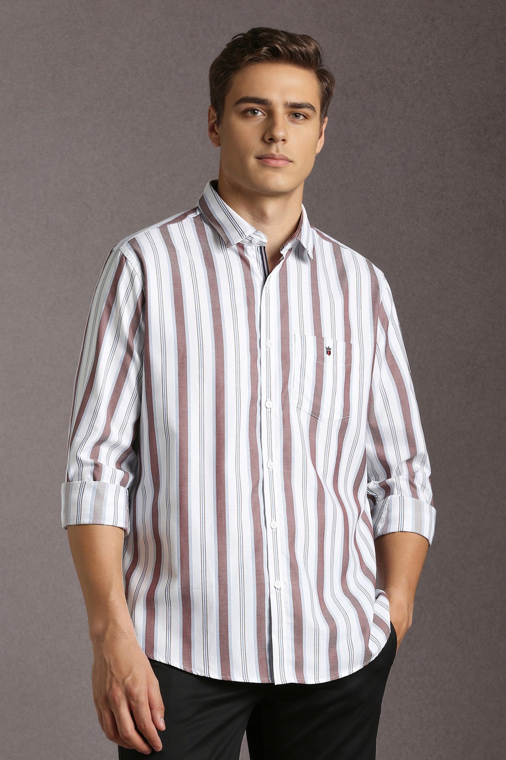 Men White Stripe Full Sleeves Casual Shirt-White