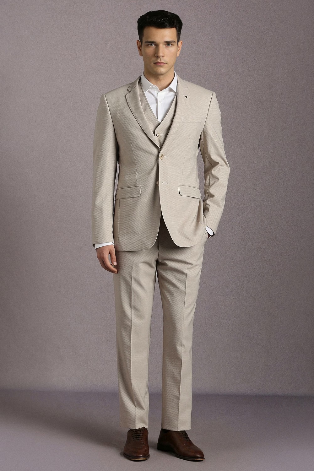 Men Beige Textured Formal Three Piece Suit-Beige