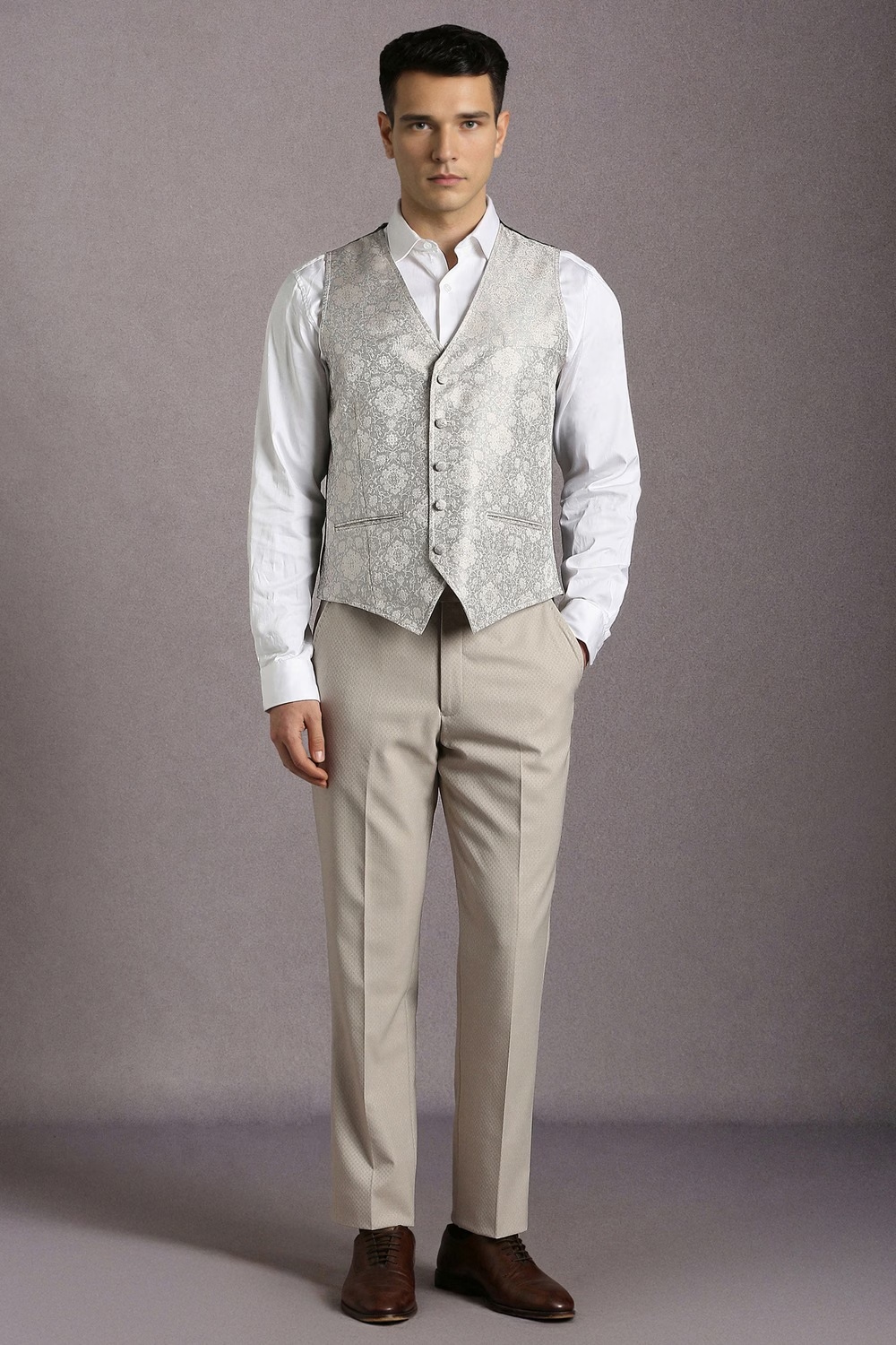 Men Beige Textured Formal Three Piece Suit-Beige