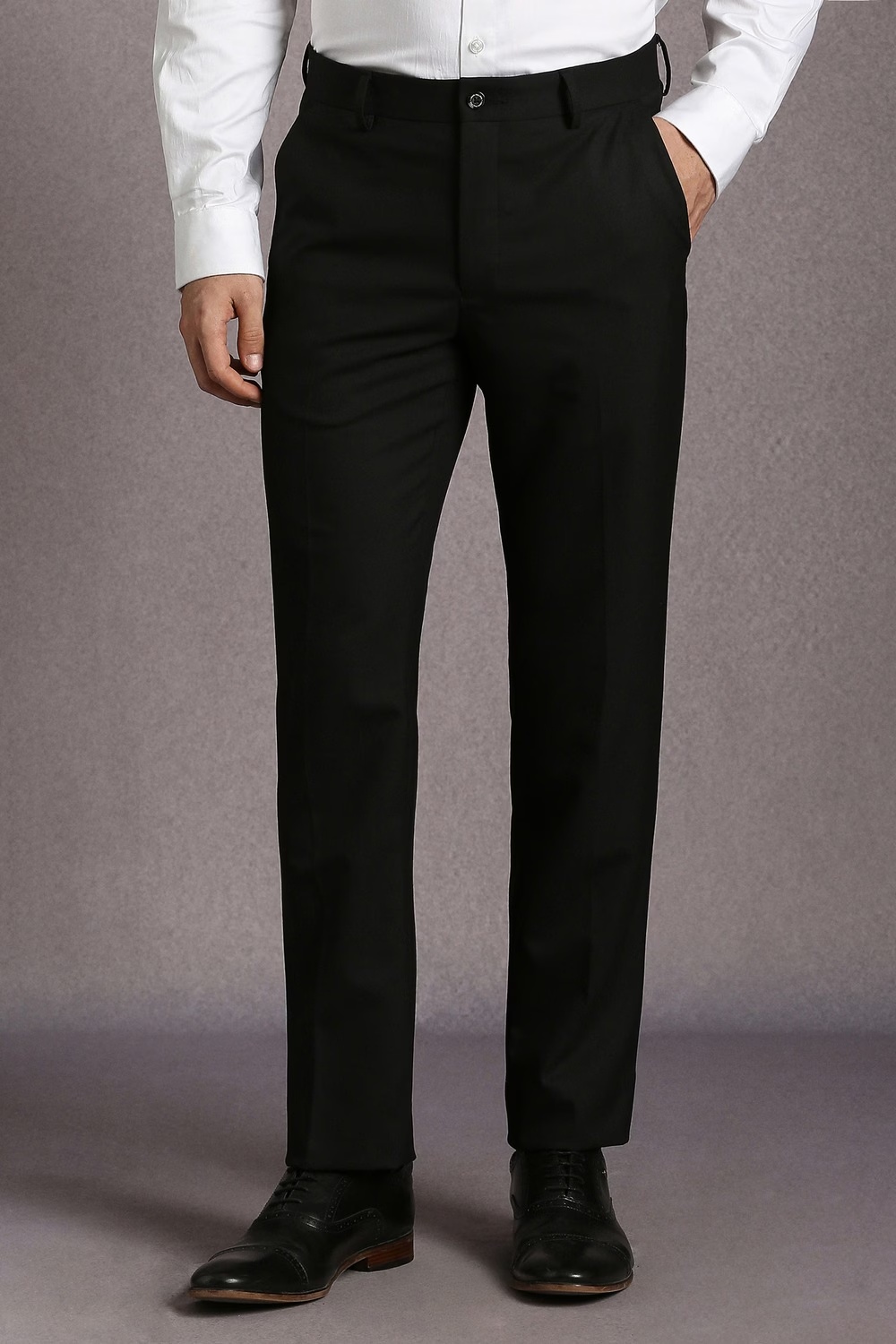 Men Black Solid Flat Front Formal Trousers-Black