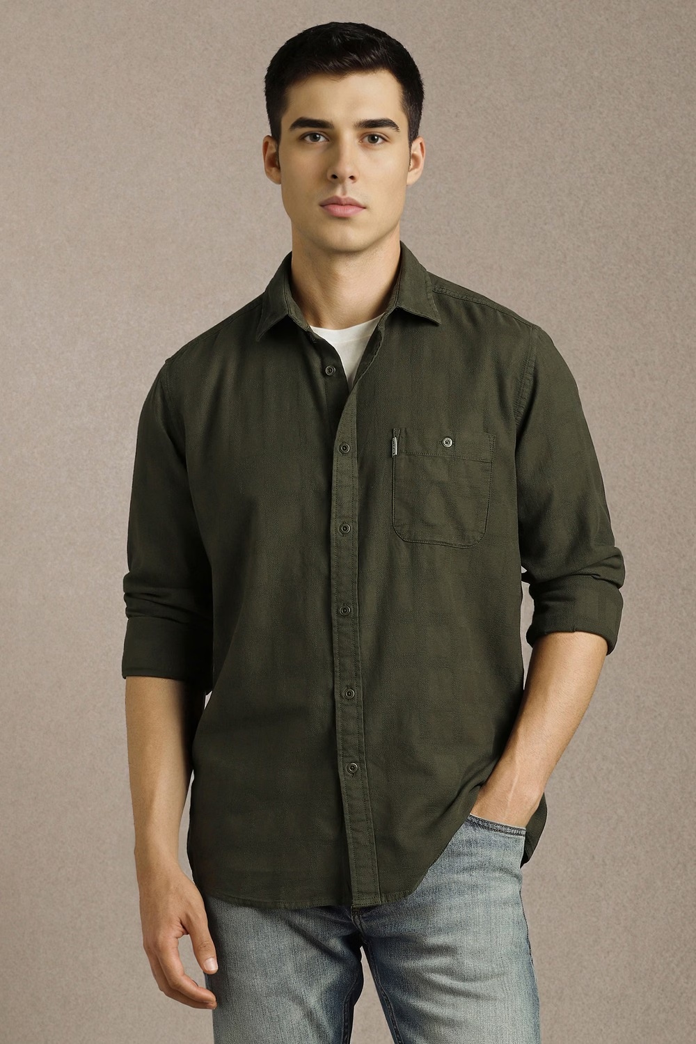 Men Olive Textured Full Sleeves Casual Shirt-Olive