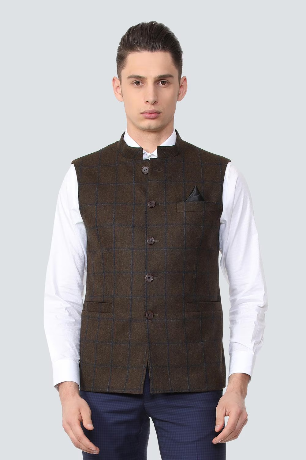 Men Brown Check Formal Blazer-Brown