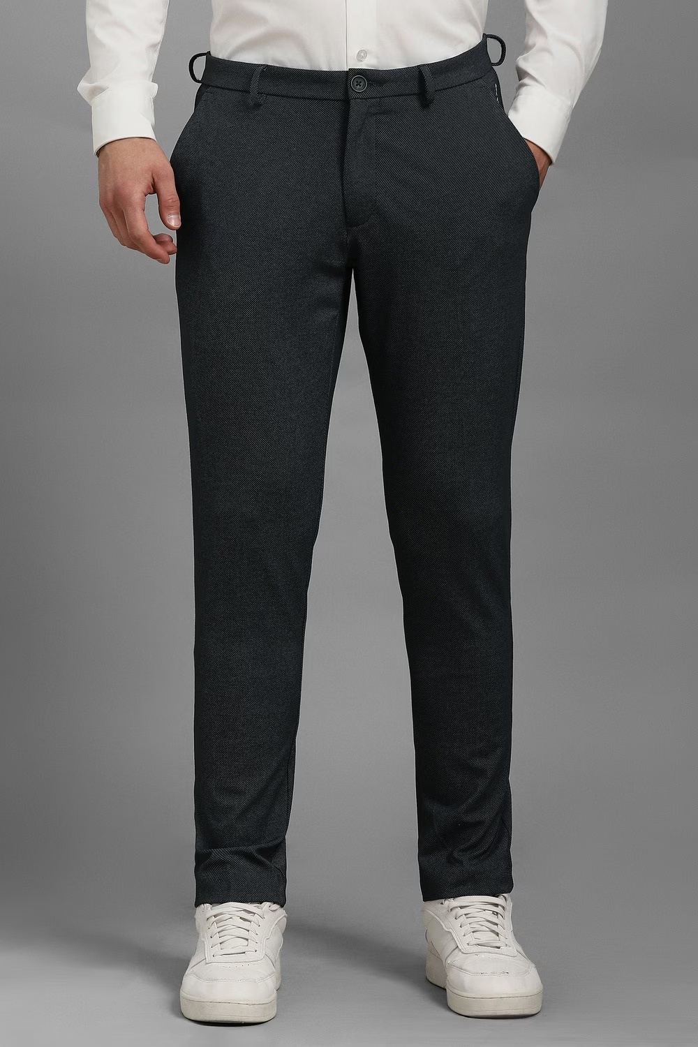 Men Black Textured Flat Front Casual Trousers-Black