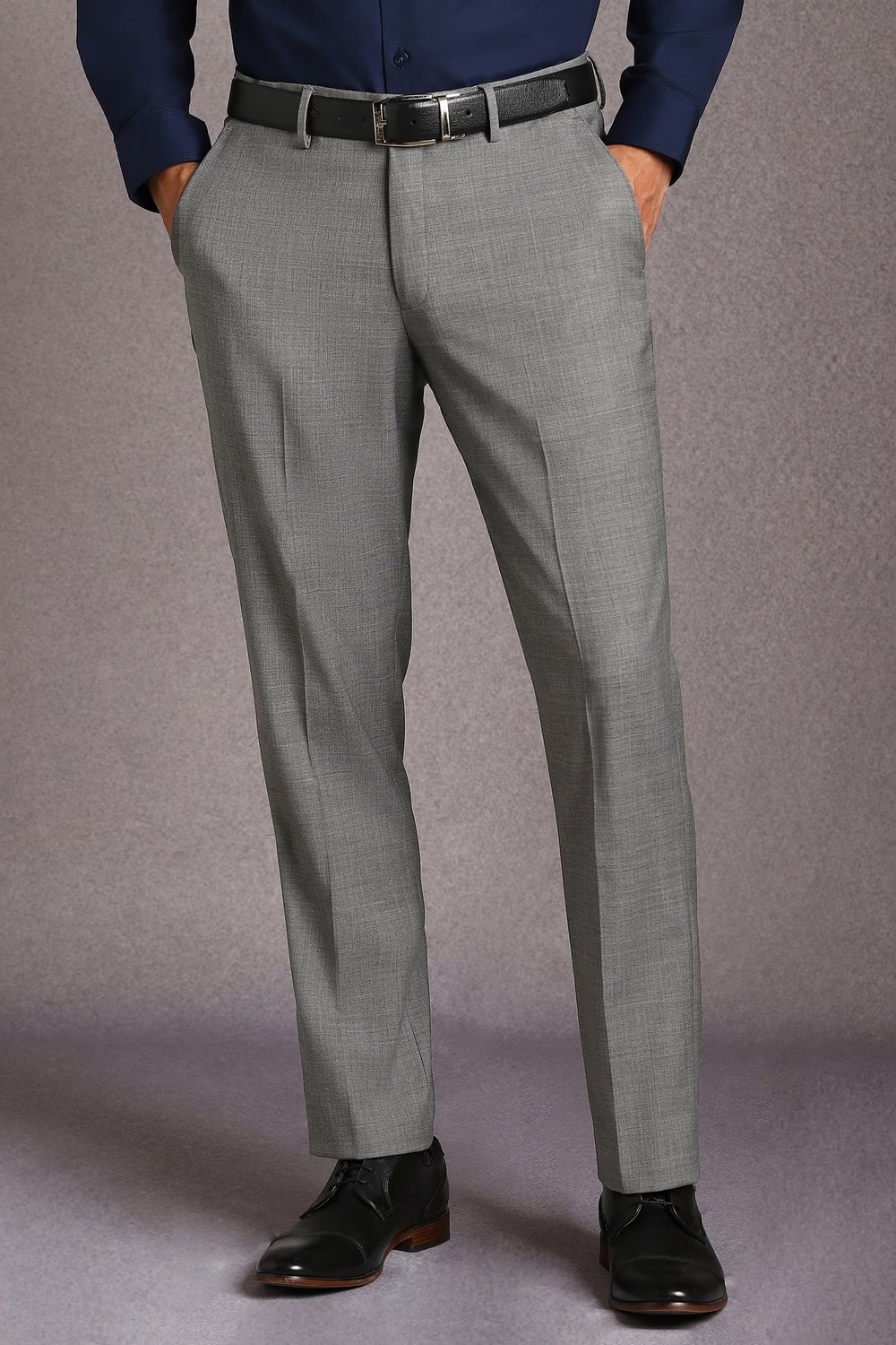 Men Grey Textured Flat Front Formal Trousers-Grey