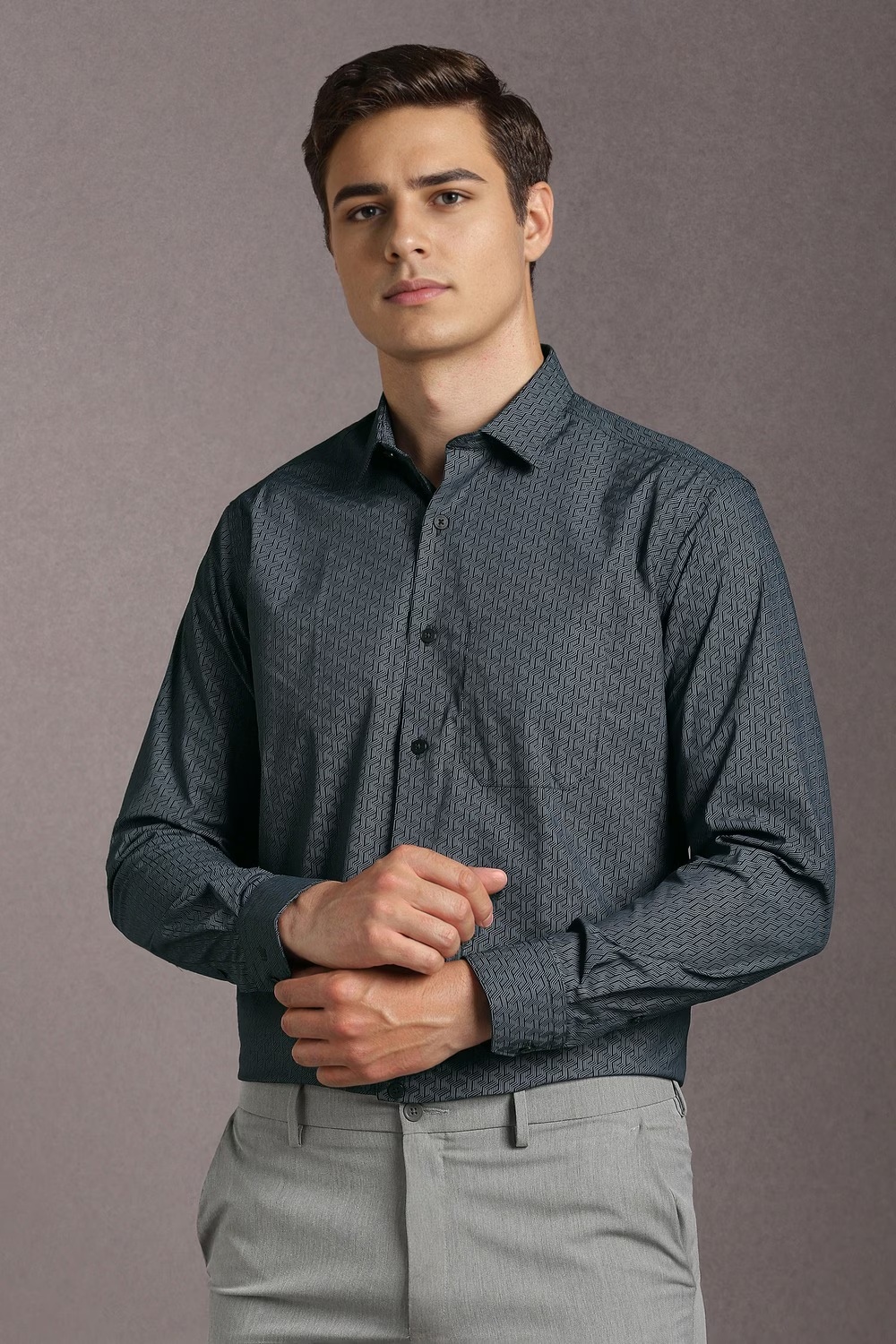 Men Navy Print Full Sleeves Formal Shirt-Navy