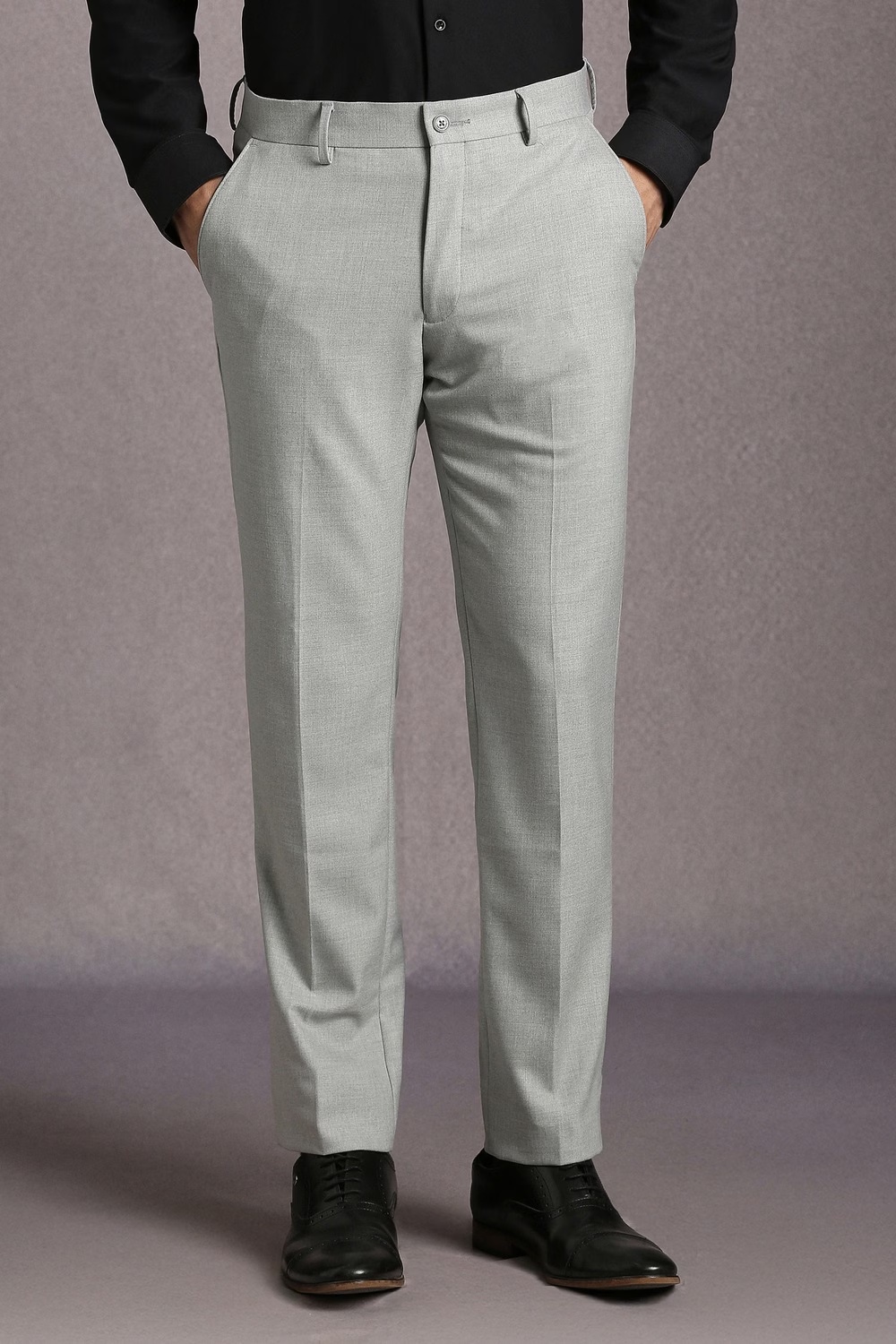 Men Grey Textured Flat Front Formal Trousers-Grey