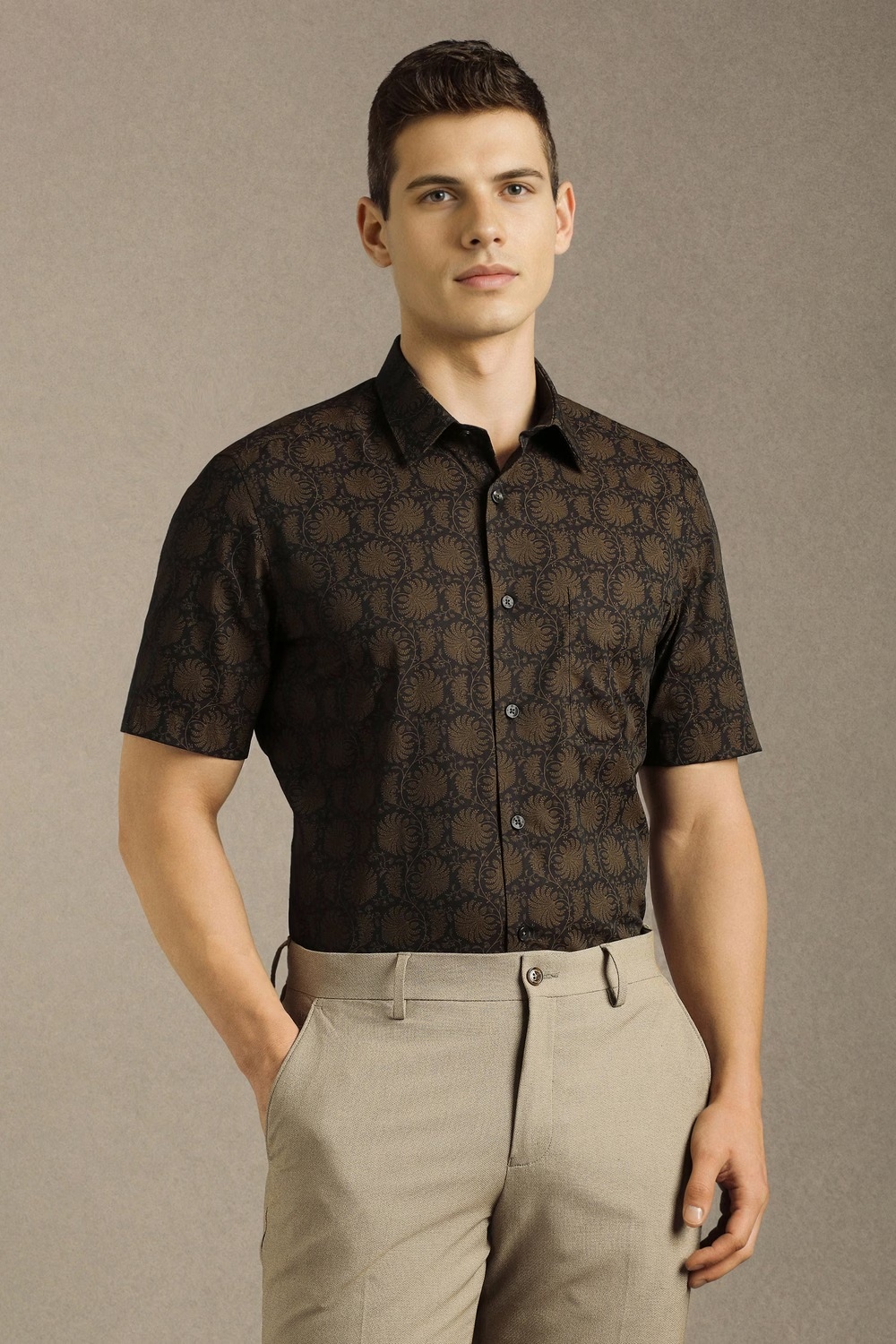 Men Brown Print Half Sleeves Formal Shirt-Brown