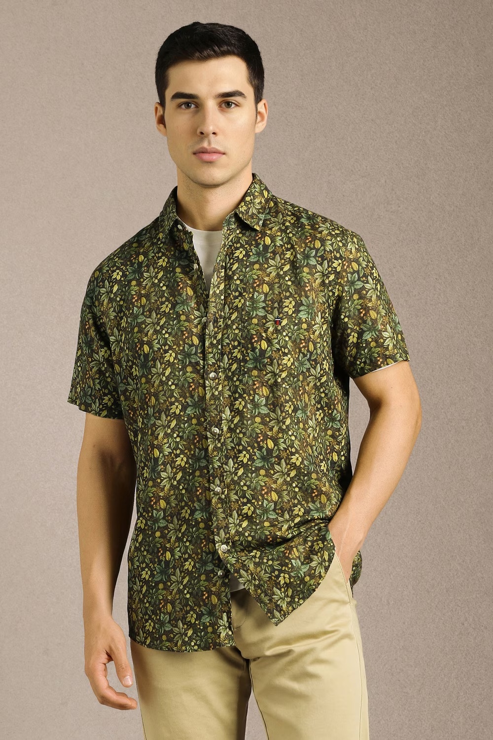 Men Olive Print Half Sleeves Casual Shirt-Olive
