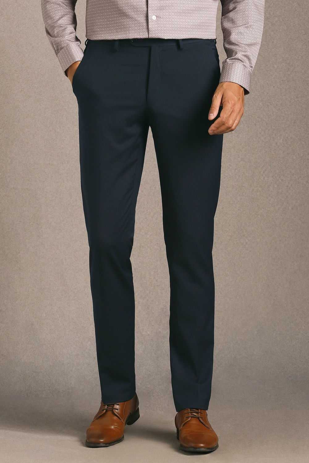 Men Navy Solid Flat Front Formal Trousers-Navy