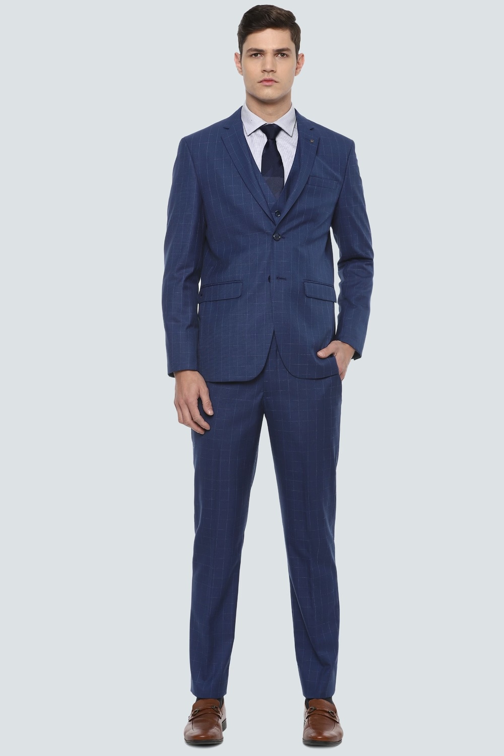 Men Navy Slim Fit Check Formal Three Piece Suit-Navy