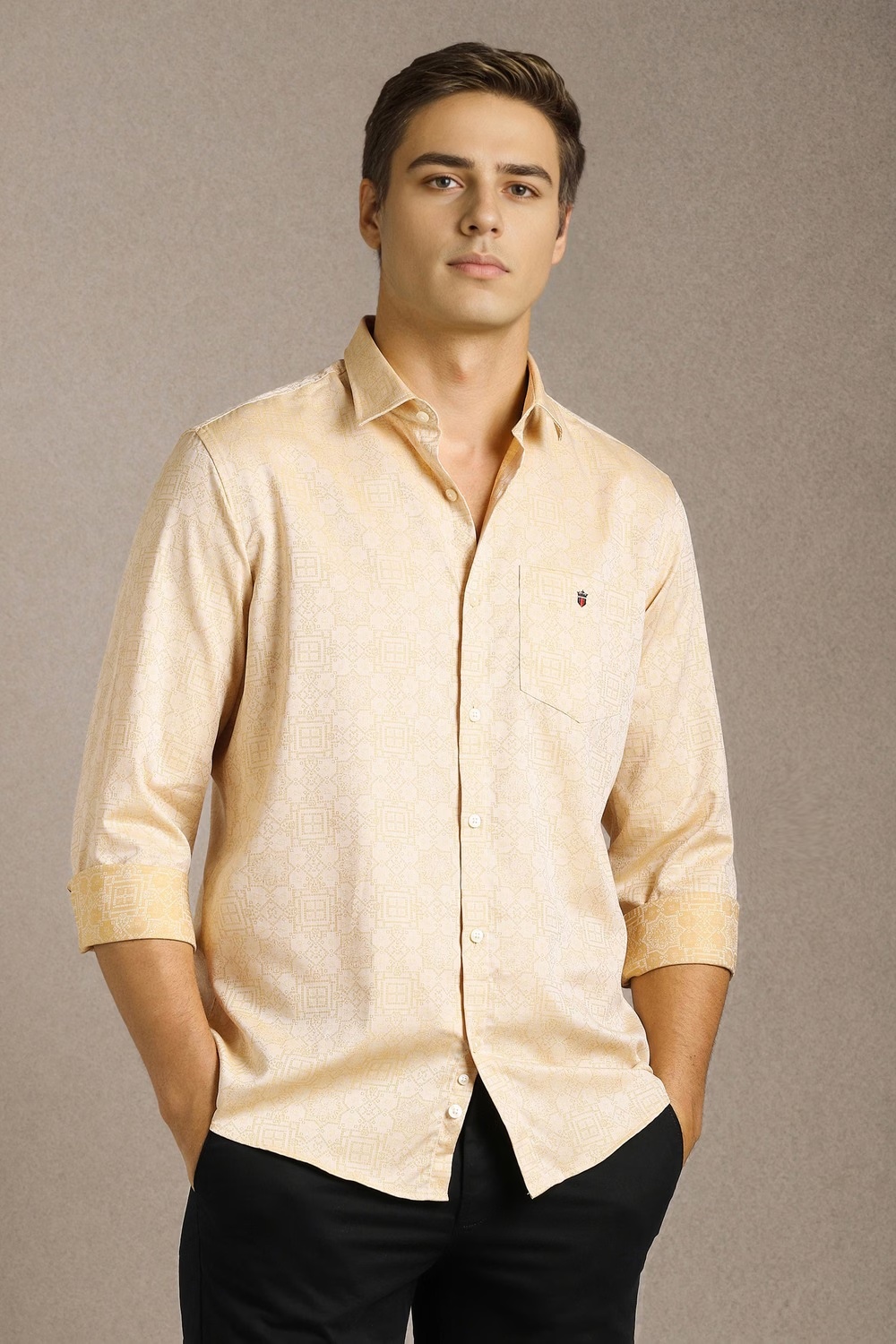 Men Beige Print Full Sleeves Casual Shirt-Beige