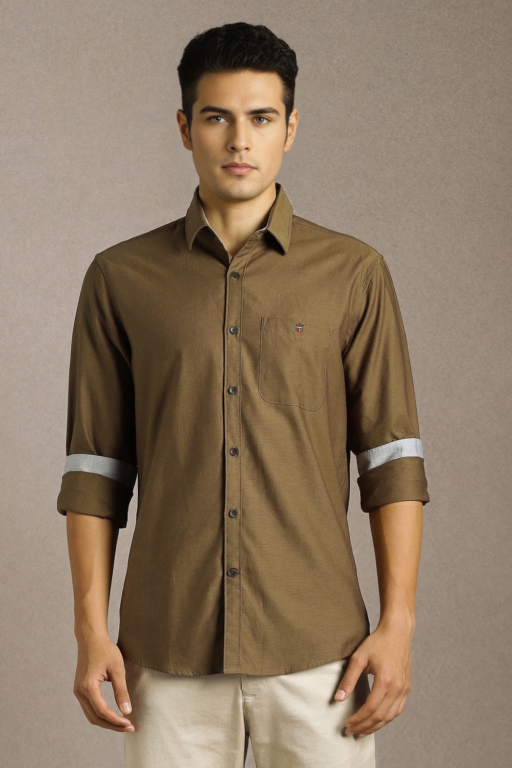 Men Khaki Textured Full Sleeves Casual Shirt-Khaki