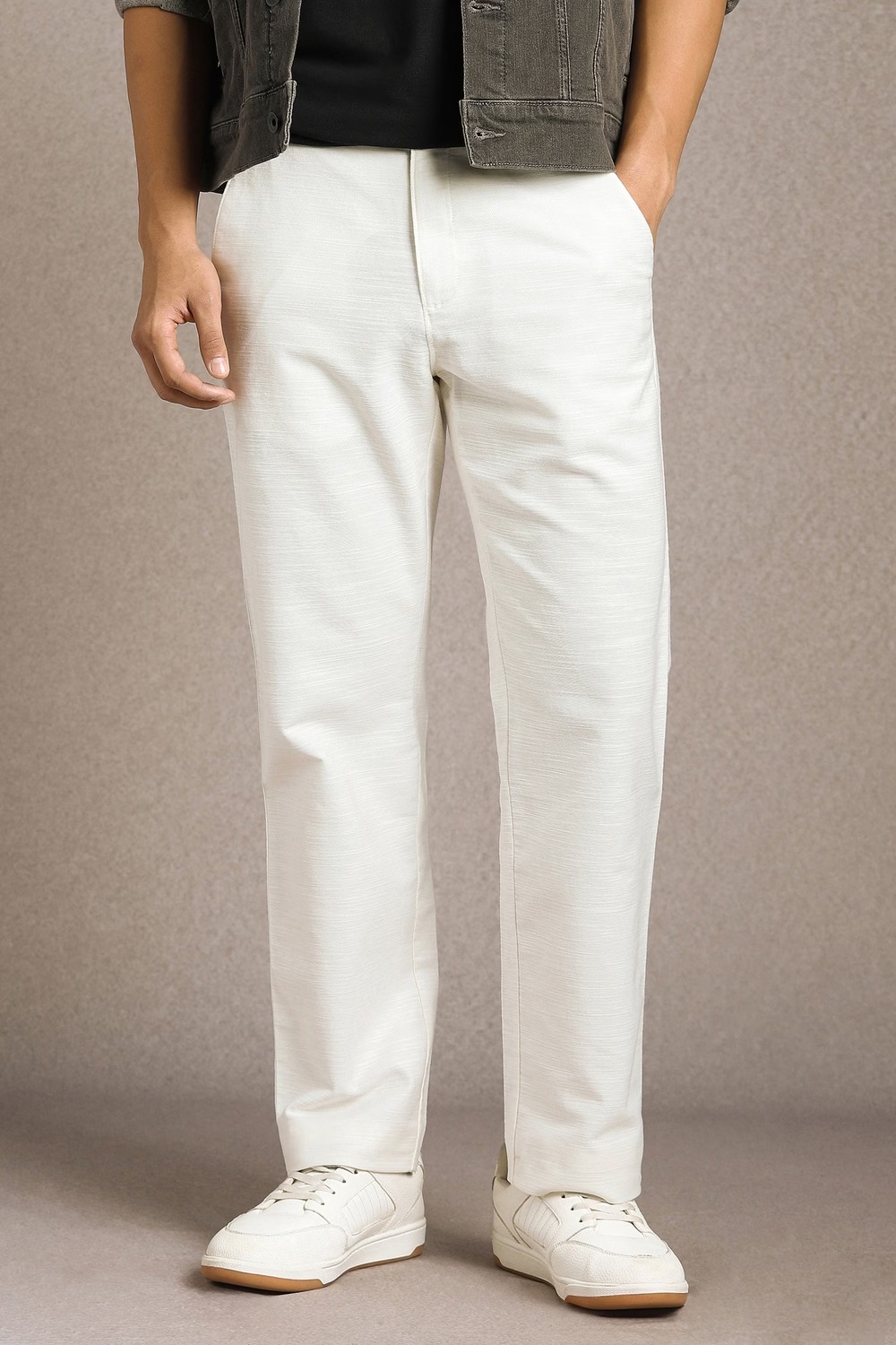 Men White Textured Flat Front Casual Trousers-White